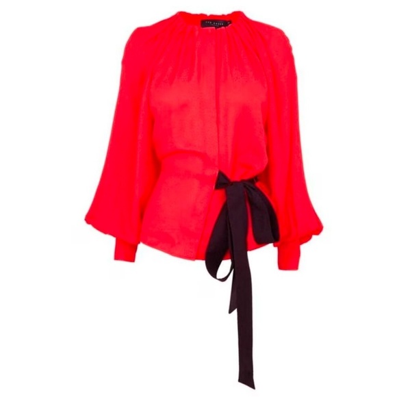 Ted Baker Women’s London Tryniti Gathered Neck Red Blouse With Black Belt size 0 - Picture 2 of 9